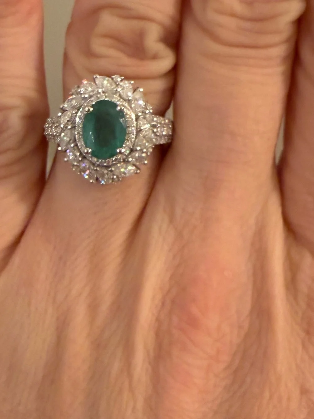 DJoy Womens Kagem Zambian Emerald/ Moissanite Floral Burst Halo Engagement Ring